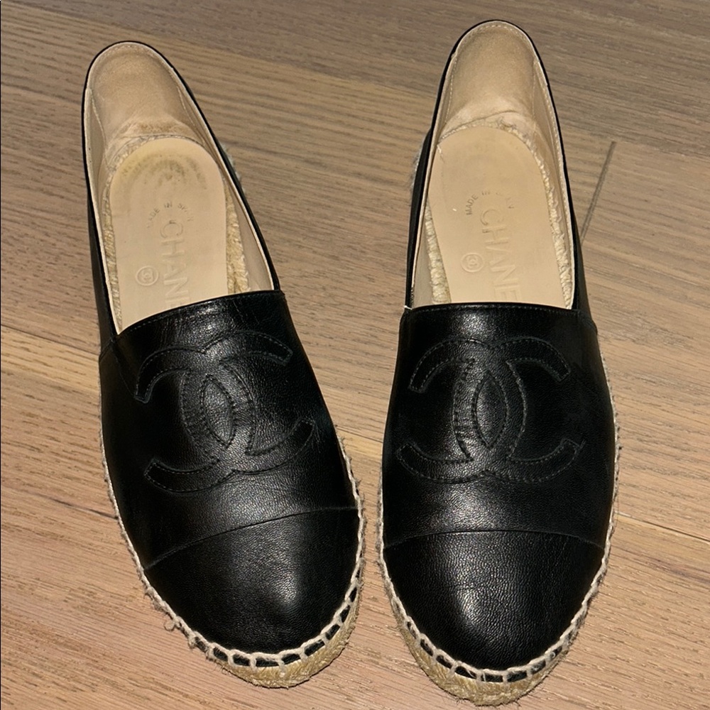 CHANEL Black Leather Espadrilles